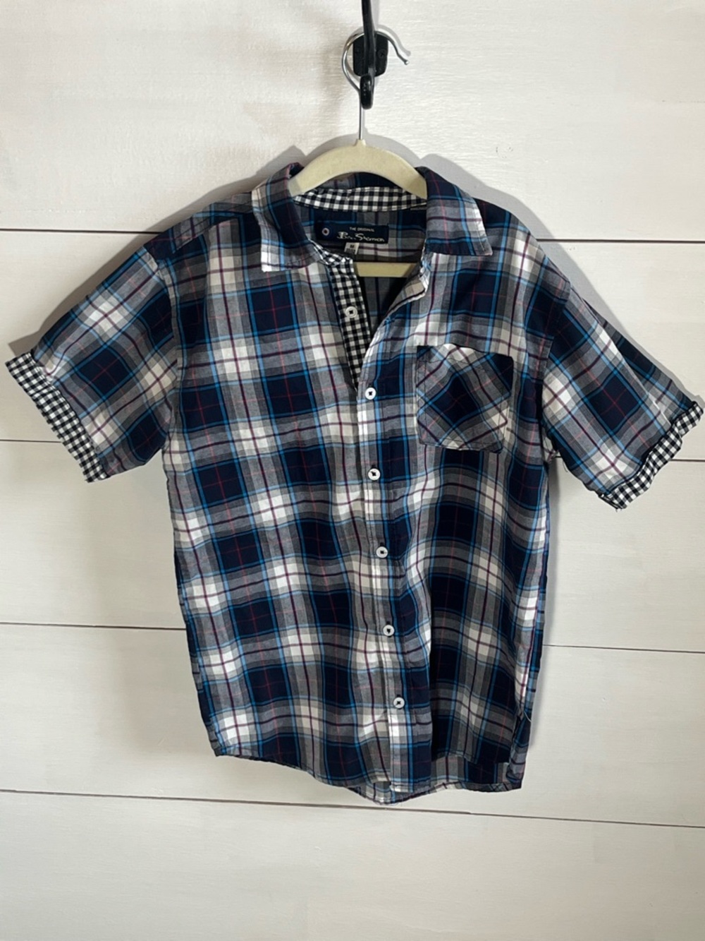 Ben Sherman Navy and White Plaid Short-Sleeve Button-Down Shirt